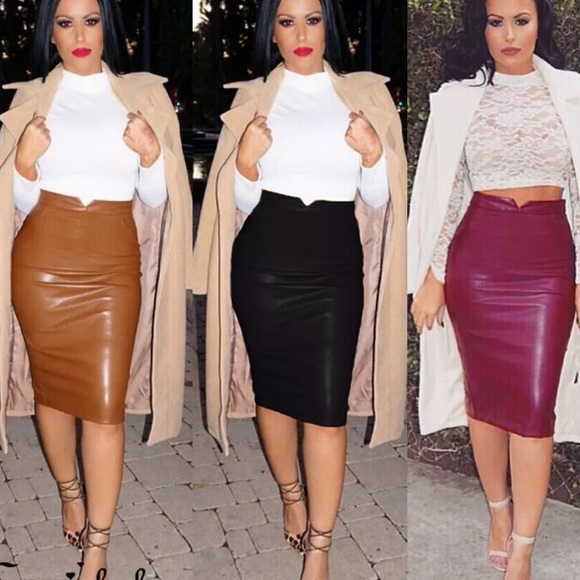 NEW FAUX LEATHER BROWN SKIRT - Picture 3 of 5